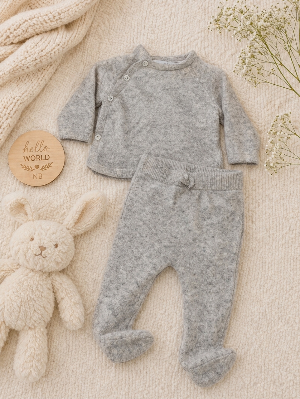 ZARA Baby Cashmere Knit Set 1–3M | Soft Neutral 2-Piece Outfit Footed Pants